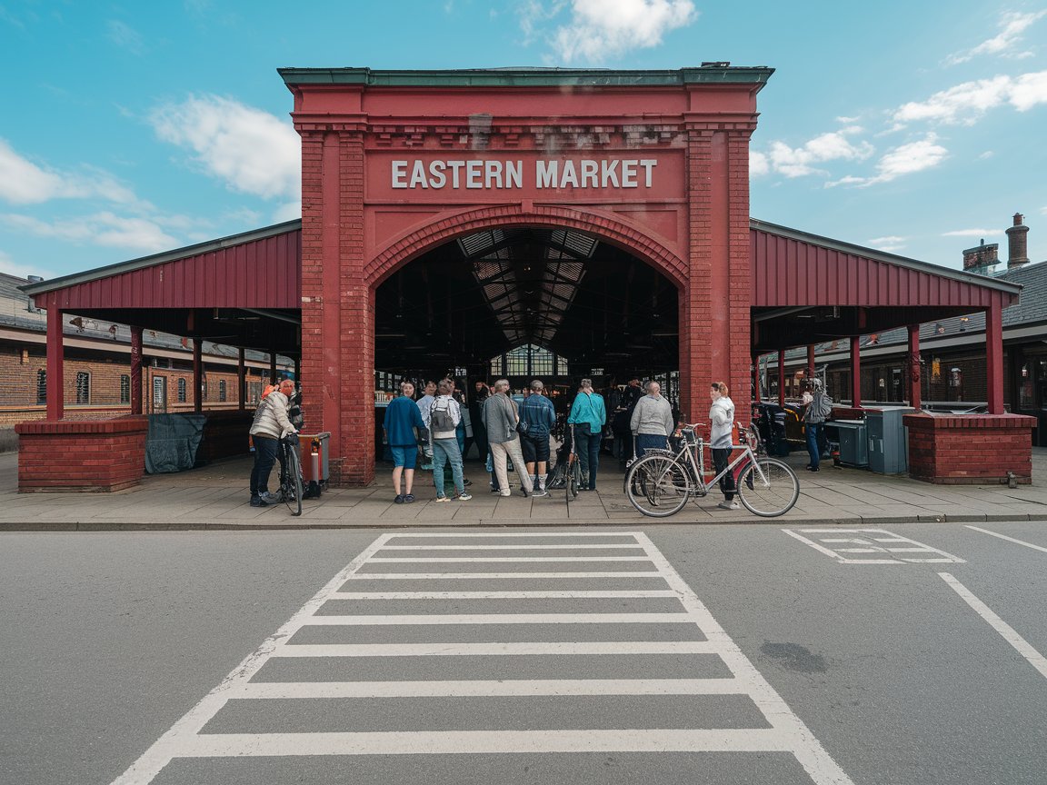 A vibrant scene at Eastern Market in Washington, D.C., featuring colorful vendor stalls with fresh produce, crafts, and artwork.