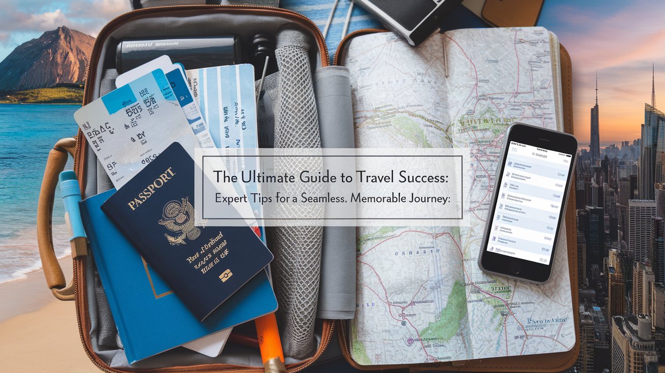 vibrant scene of a neatly packed suitcase with essentials like a passport, boarding passes, travel guide, map, smartphone displaying an itinerary, and travel accessories, with text overlay reading 'the ultimate guide to travel success: expert tips for a seamless, memorable journey