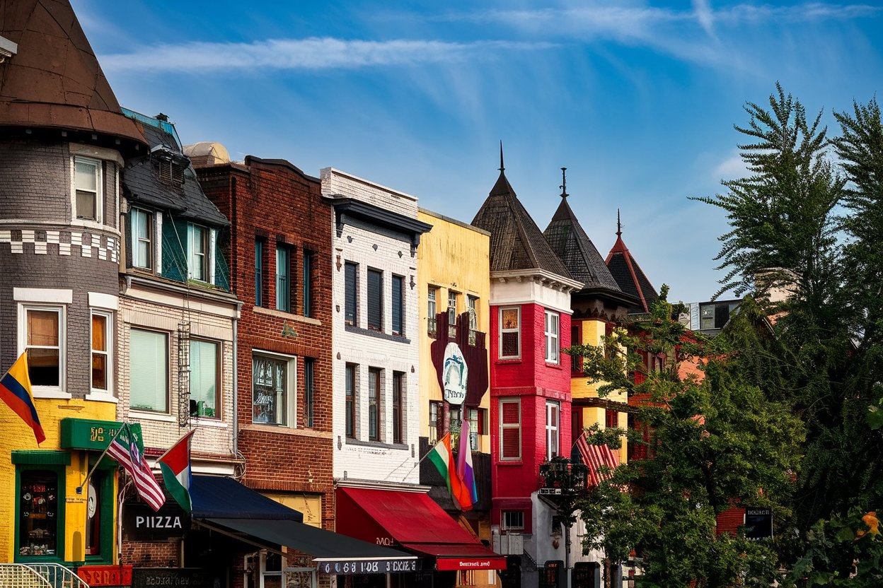 A colorful street in Washington, D.C.’s Adams Morgan neighborhood, lined with eclectic shops, vibrant murals, and outdoor cafes.