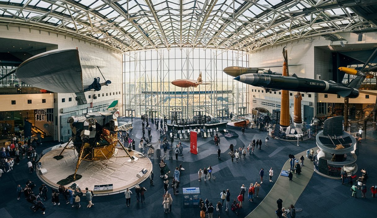 The striking exterior of the National Air and Space Museum in Washington, D.C., with its modern design and welcoming entrance.