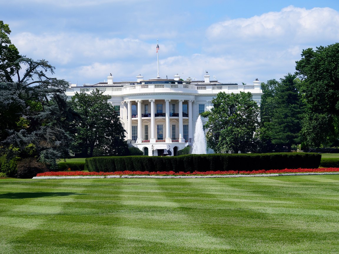 A classic view of the White House in Washington, D.C., featuring its elegant facade and the meticulously maintained South Lawn.