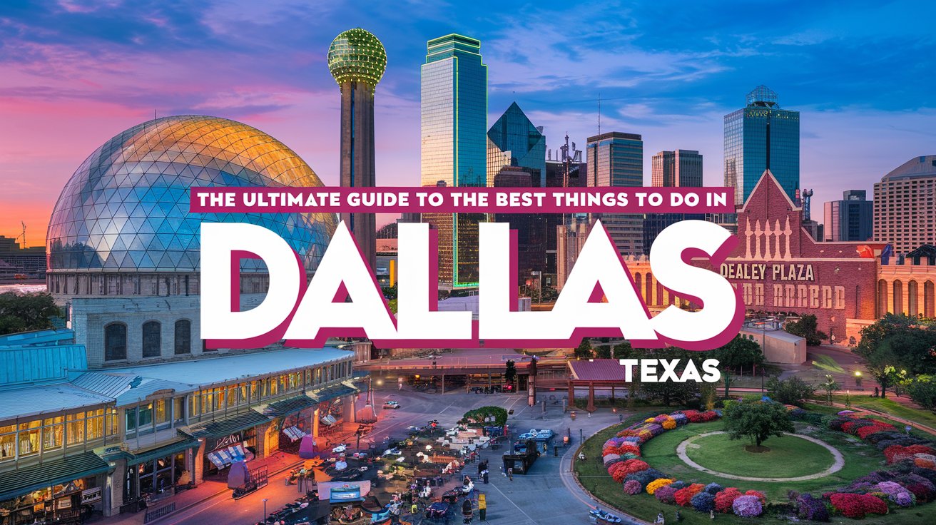 A vibrant view of the Dallas skyline at sunset, showcasing its modern skyscrapers and iconic Reunion Tower.