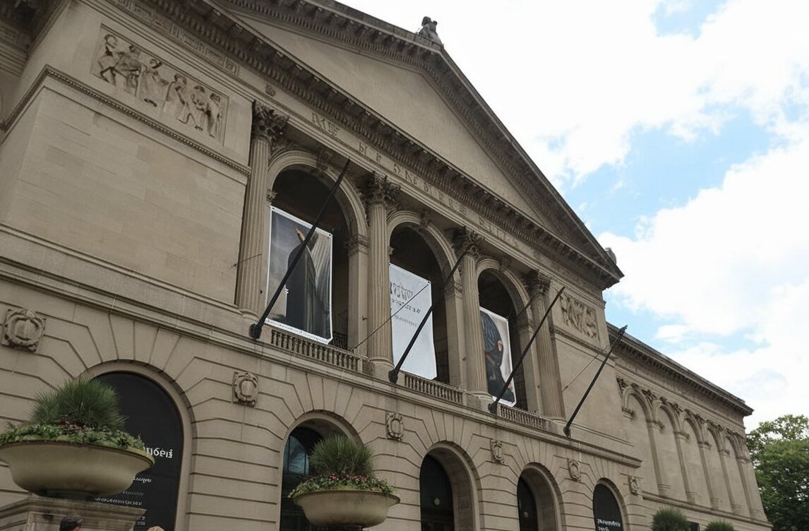 The grand entrance of the Art Institute of Chicago, featuring its iconic bronze lion statues and classical architecture.