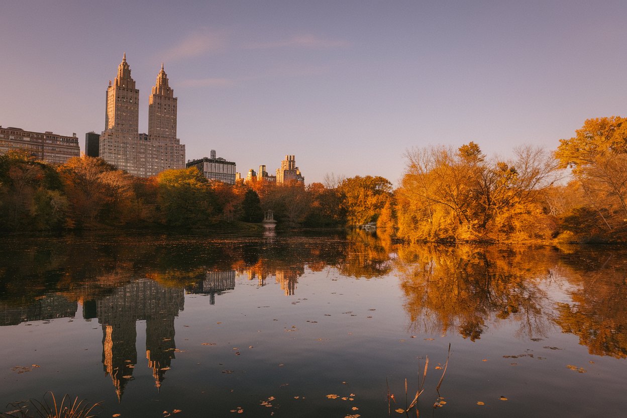 A panoramic view of New York City’s skyline, featuring iconic landmarks like the Empire State Building and the Statue of Liberty at sunset.