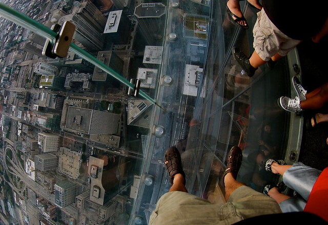 A breathtaking view from the Skydeck at Willis Tower in Chicago, featuring the glass-bottom Ledge with panoramic city views.