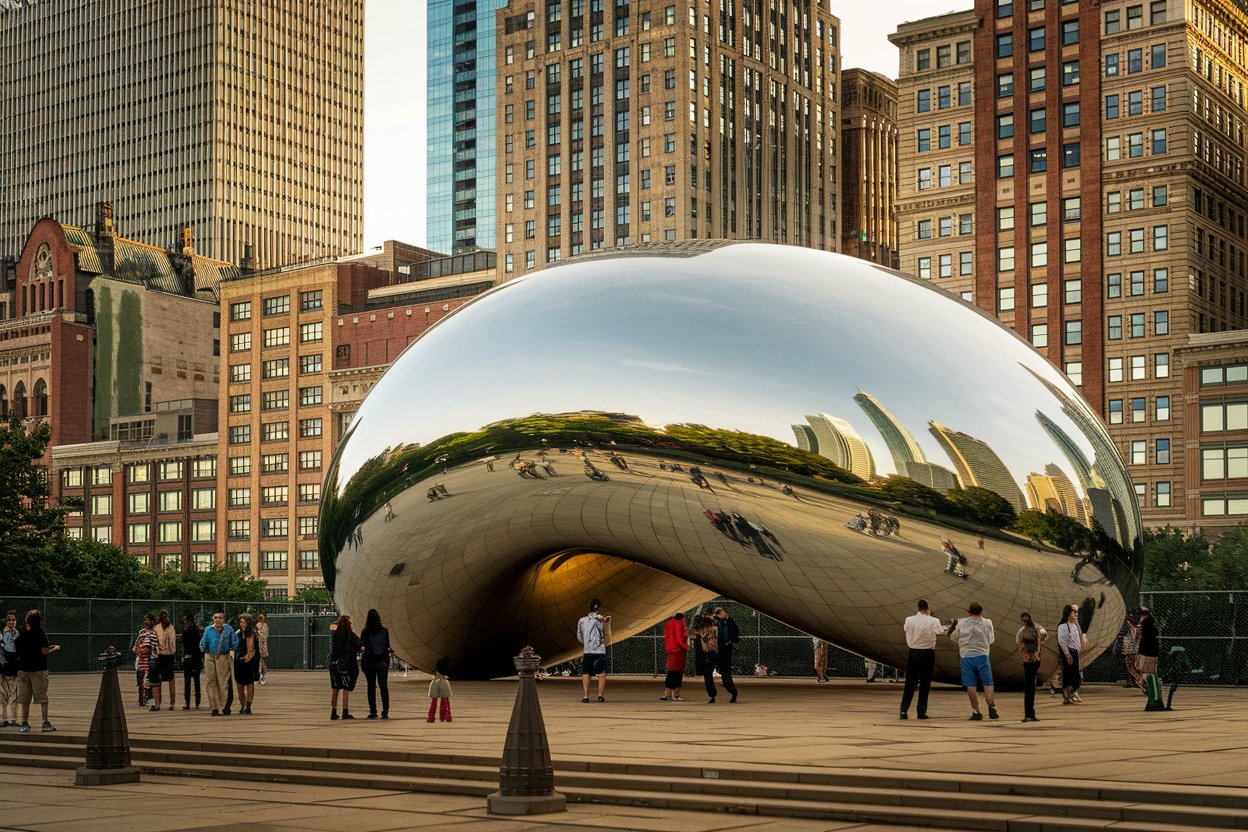 A vibrant view of Cloud Gate, also known as “The Bean,” reflecting the Chicago skyline and visitors at Millennium Park