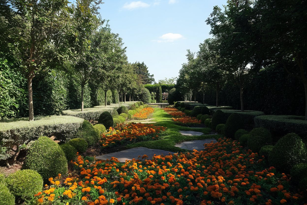 A tranquil view of the Dallas Arboretum and Botanical Garden, featuring vibrant flowerbeds, lush greenery, and a serene lake backdrop.