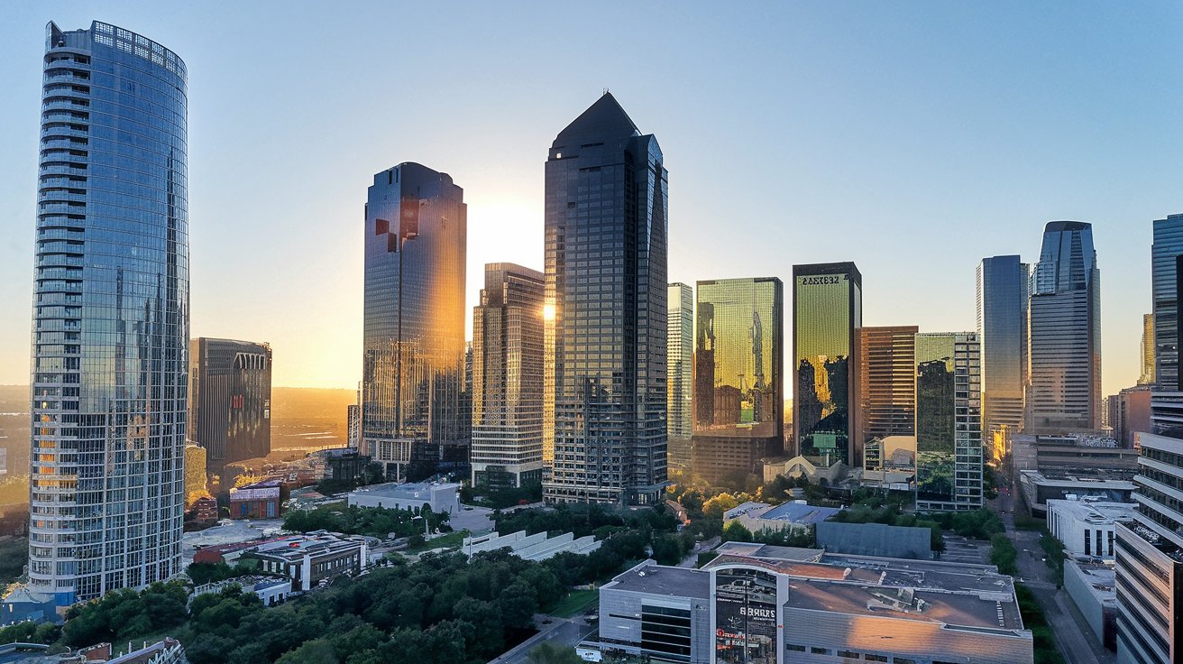 A vibrant view of the Dallas Arts District, featuring modern architectural masterpieces like the Winspear Opera House and the Dallas Museum of Art.