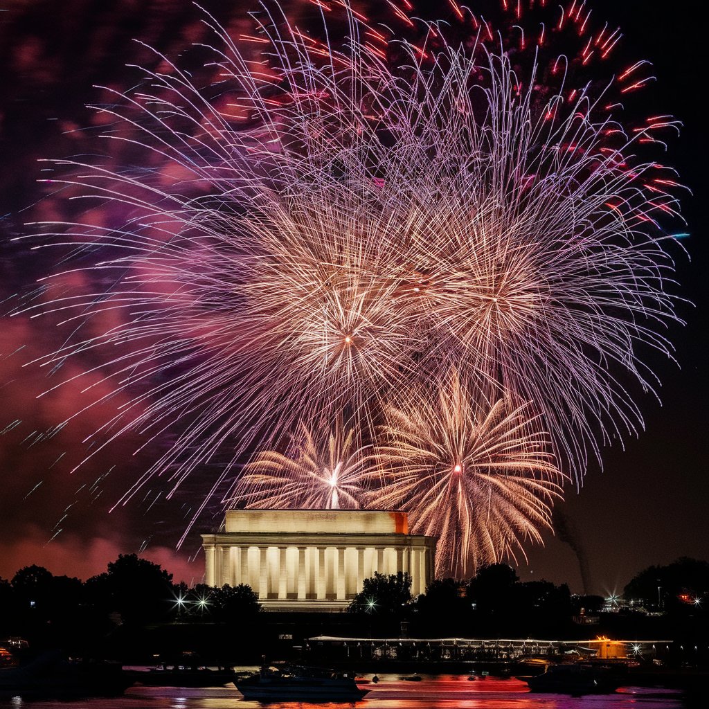 A dazzling Fourth of July fireworks display over the National Mall in Washington, D.C., with the Washington Monument illuminated in the background.