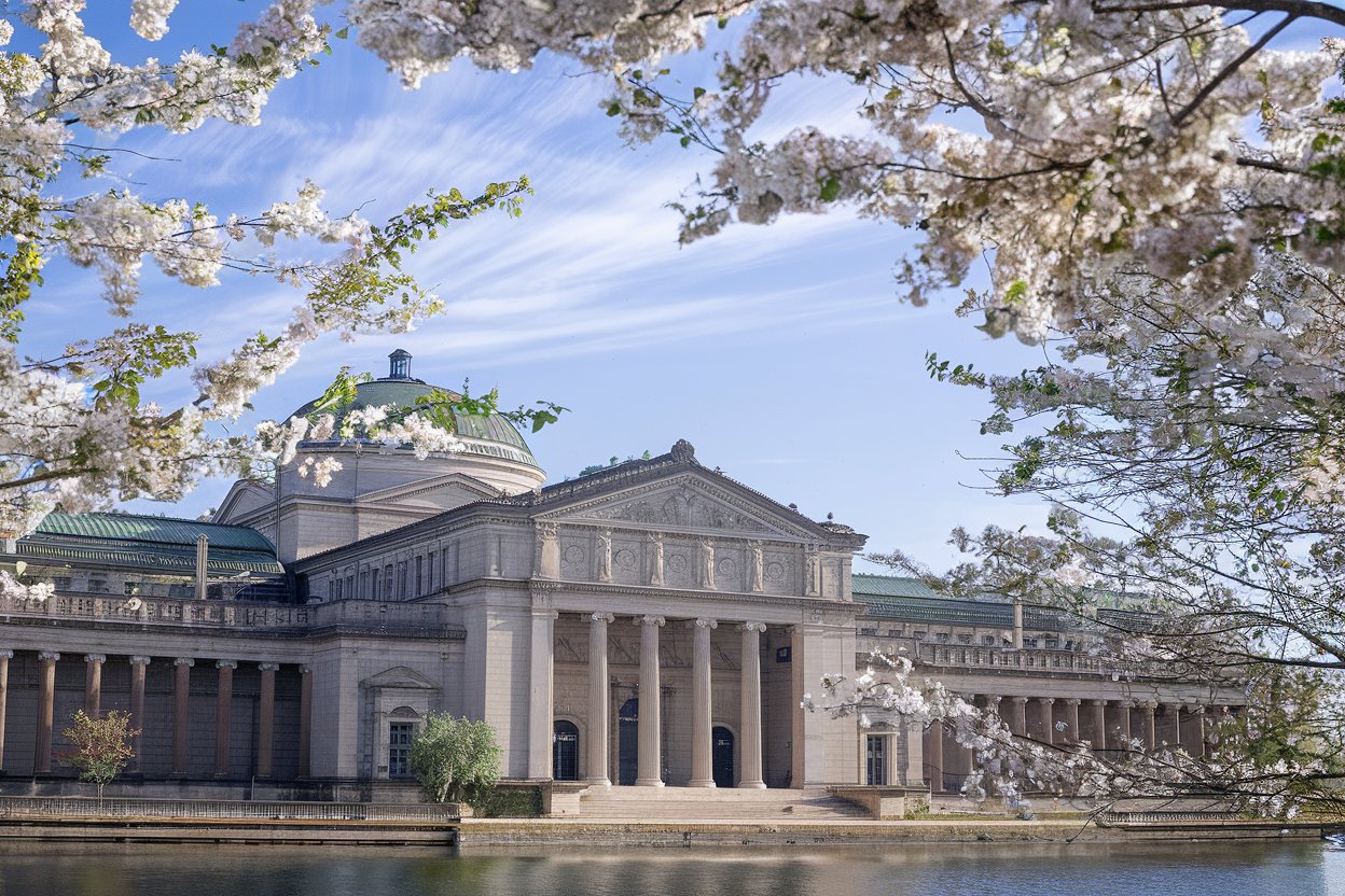 The grand exterior of the Museum of Science and Industry in Chicago, surrounded by lush greenery and a clear blue sky.