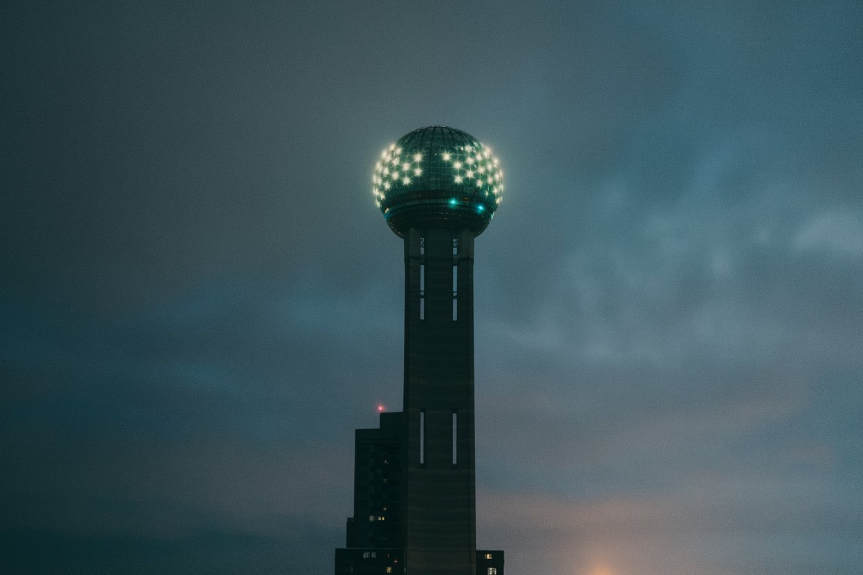 A stunning view from Reunion Tower’s GeO-Deck, showcasing the Dallas skyline under a golden sunset, with its iconic geodesic ball design visible.