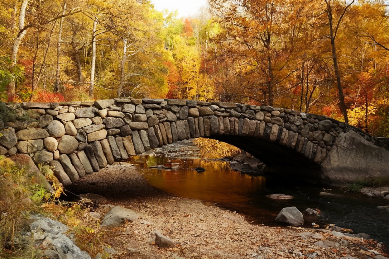 A serene autumn scene in Rock Creek Park, Washington, D.C., featuring vibrant orange and red foliage reflected in a tranquil stream.