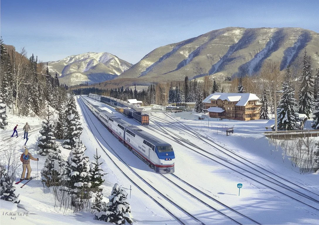 A scenic train traveling through lush landscapes and picturesque mountains in the USA