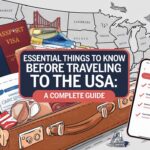 inviting scene with a suitcase, travel essentials like a passport, visa, and U.S. map, iconic landmarks such as the Statue of Liberty and Golden Gate Bridge in the background, and text overlay reading 'essential things to know before traveling to the usa: a complete guide