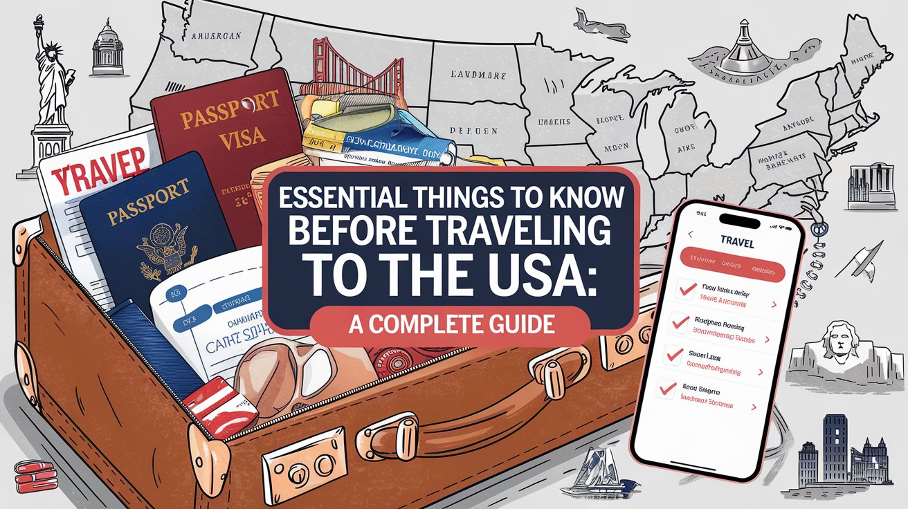 inviting scene with a suitcase, travel essentials like a passport, visa, and U.S. map, iconic landmarks such as the Statue of Liberty and Golden Gate Bridge in the background, and text overlay reading 'essential things to know before traveling to the usa: a complete guide