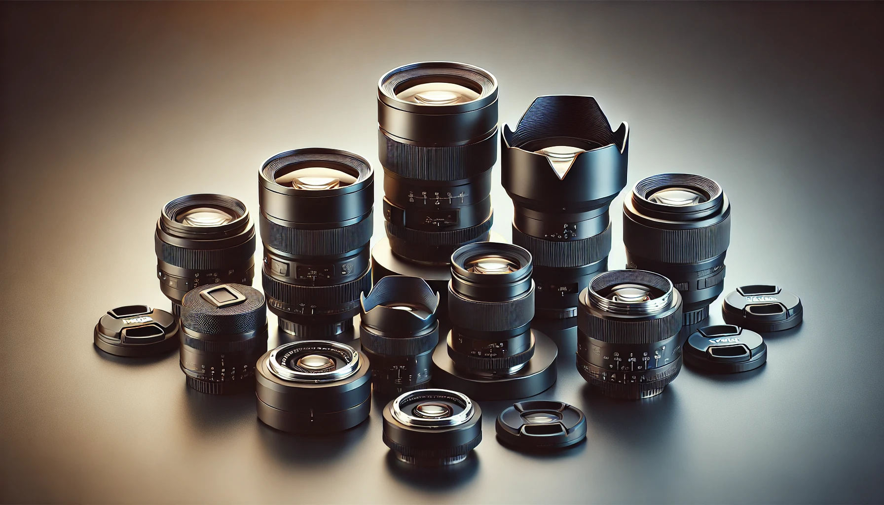 A selection of camera lenses, including wide-angle, telephoto, and prime lenses, arranged on a travel map with scenic photo samples nearby