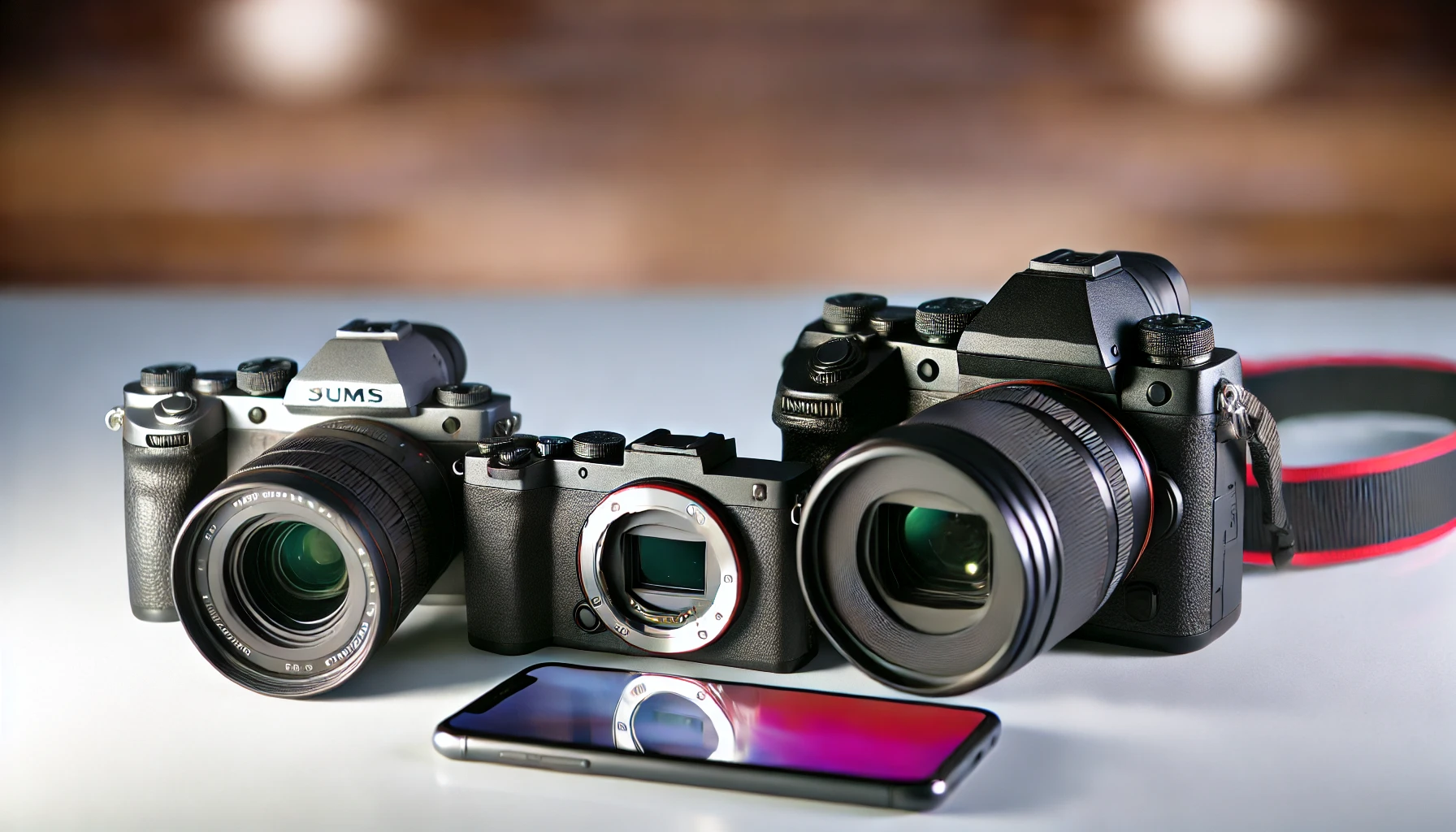 A comparison setup featuring a DSLR, mirrorless camera, and smartphone on a travel map, showcasing the strengths of each device.