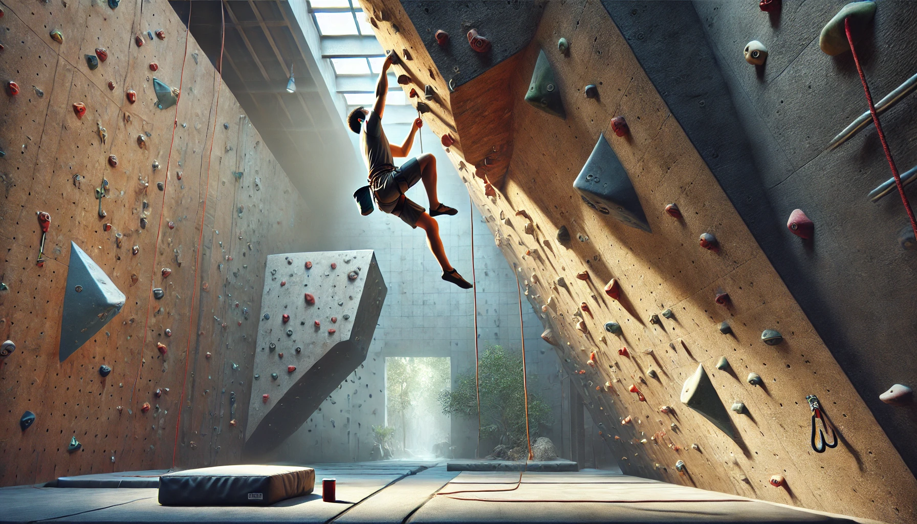 A climber scaling a rocky cliff face with focus and determination, showcasing the physical and mental challenges of climbing