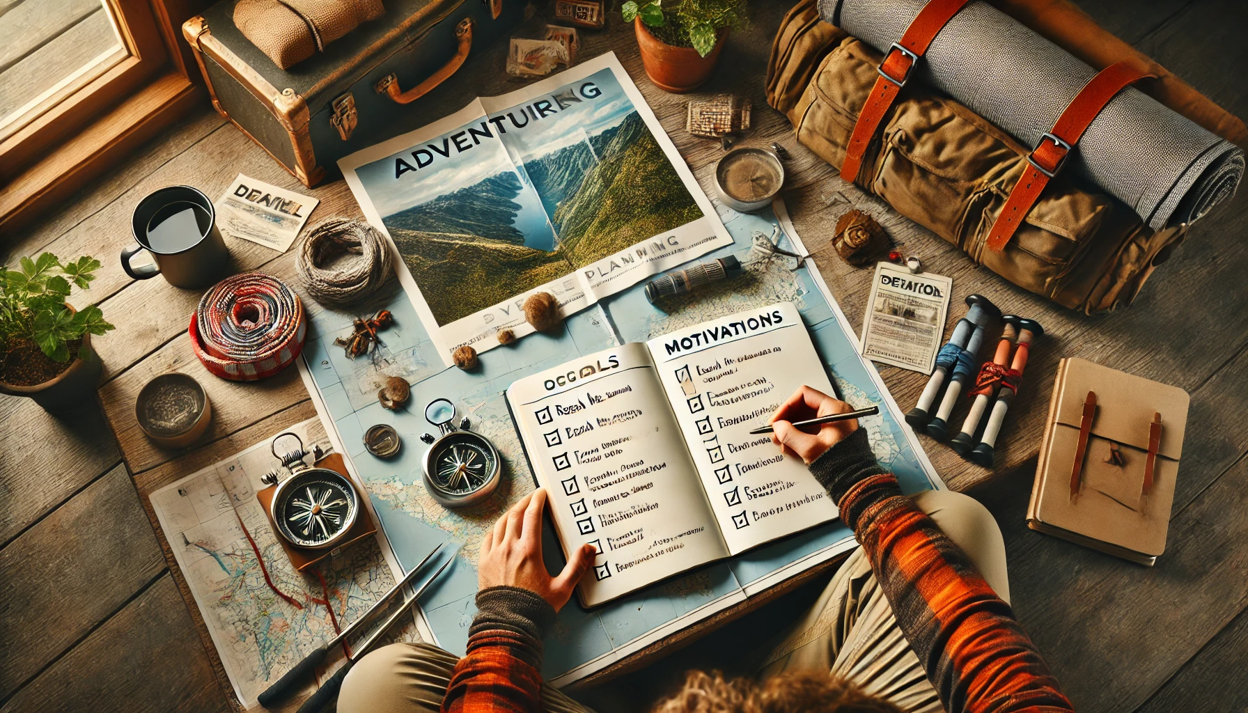 A traveler reflecting by a mountain trail with a journal and map, visualizing personal motivations and setting realistic adventure goals.