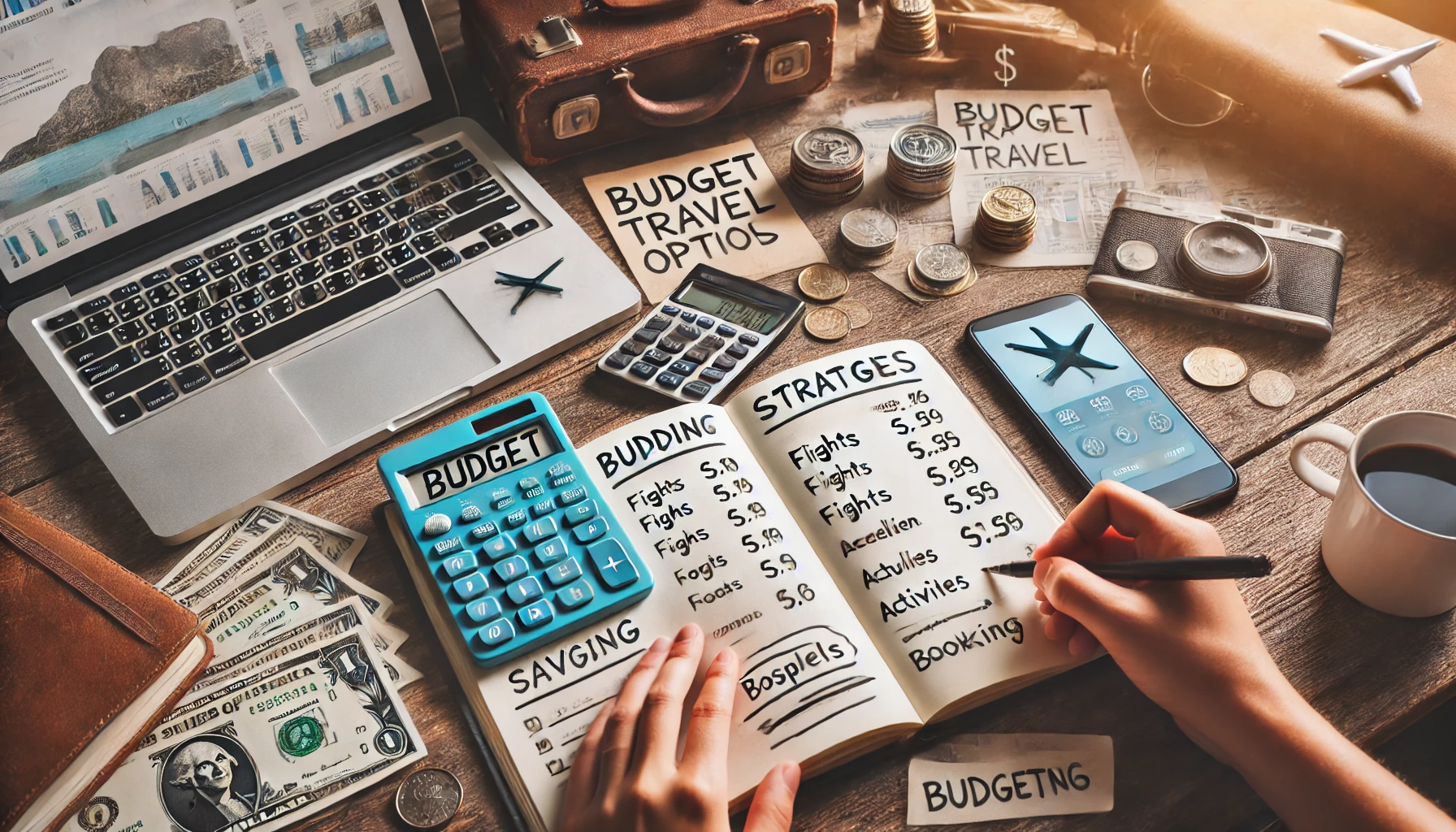 A traveler organizing finances with a notebook, calculator, and a map, preparing a budget for an upcoming adventure.