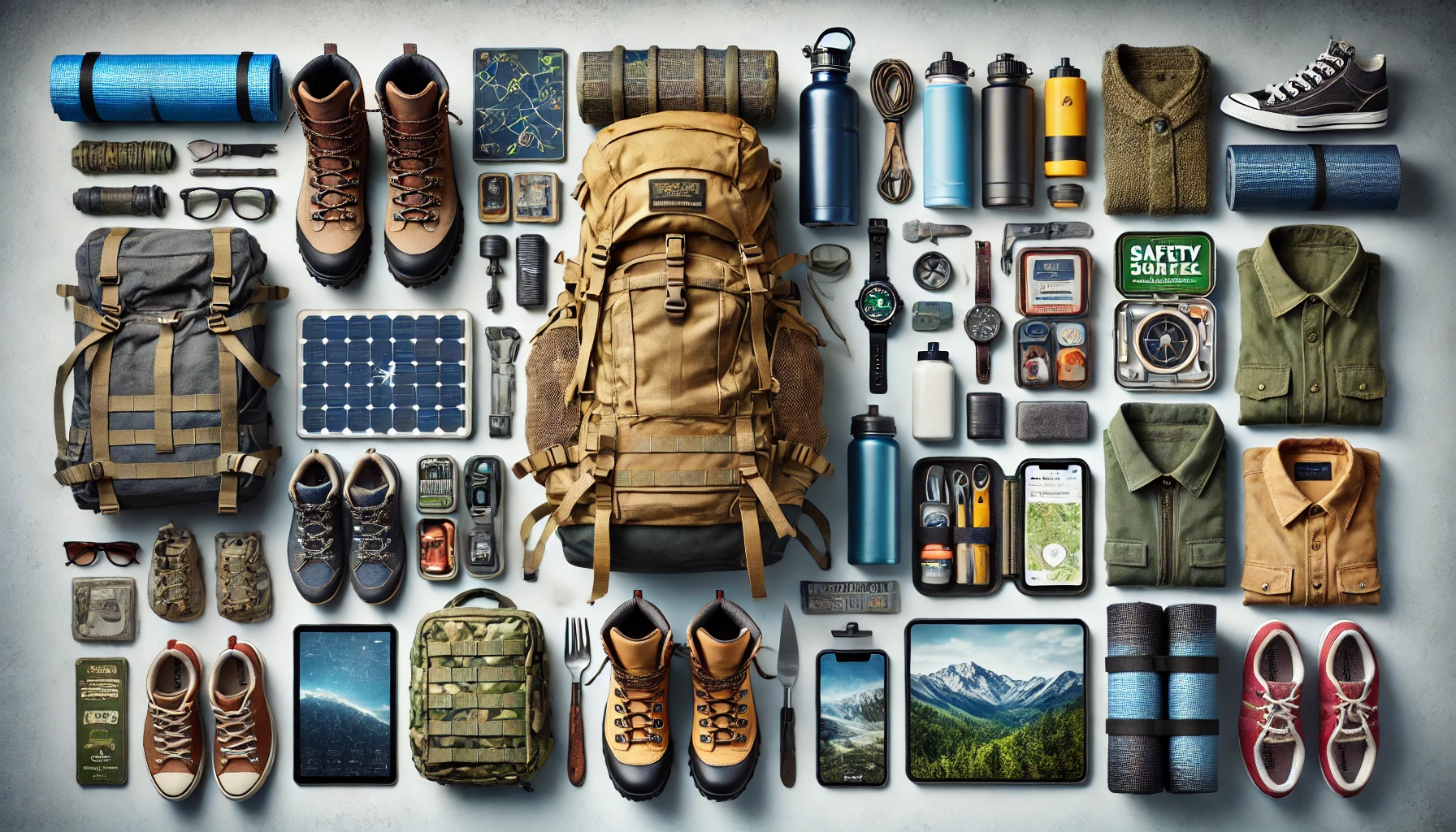 A traveler packing essential gear, including a backpack, first-aid kit, navigation tools, and sustainable travel items, for an outdoor adventure.