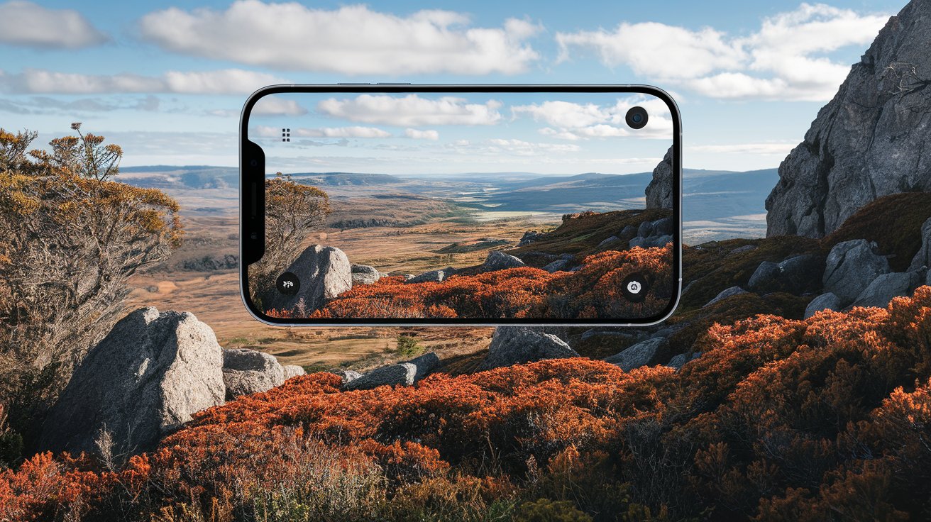 A wide-angle shot of a scenic mountain landscape captured with a smartphone, featuring rocks in the foreground for depth.