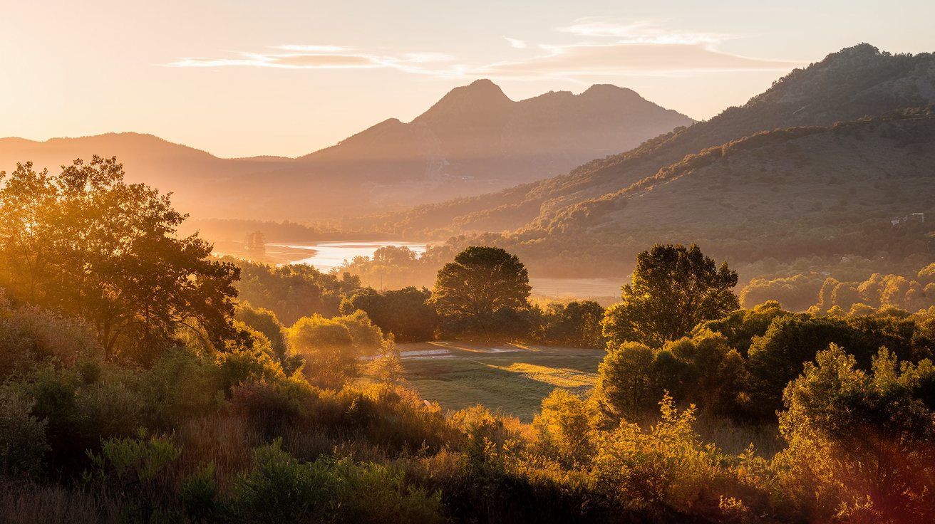 A travel photo of a serene beach scene during golden hour, with soft, warm light illuminating the landscape and sky