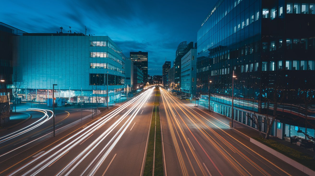 A vibrant urban scene captured at night with light trails from moving cars and illuminated buildings, achieved using long exposure