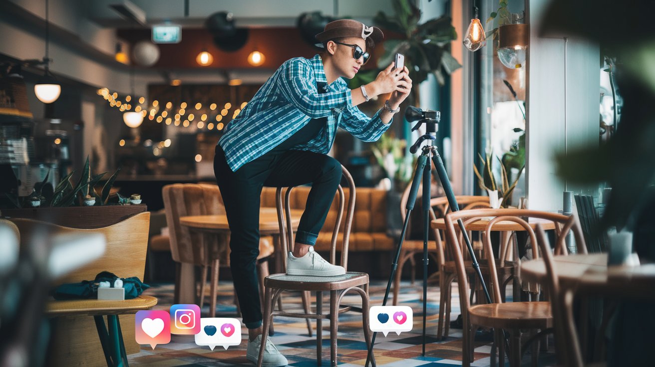 A travel photographer editing vibrant photos for social media on a tablet, with a camera and travel gear nearby in a picturesque setting.