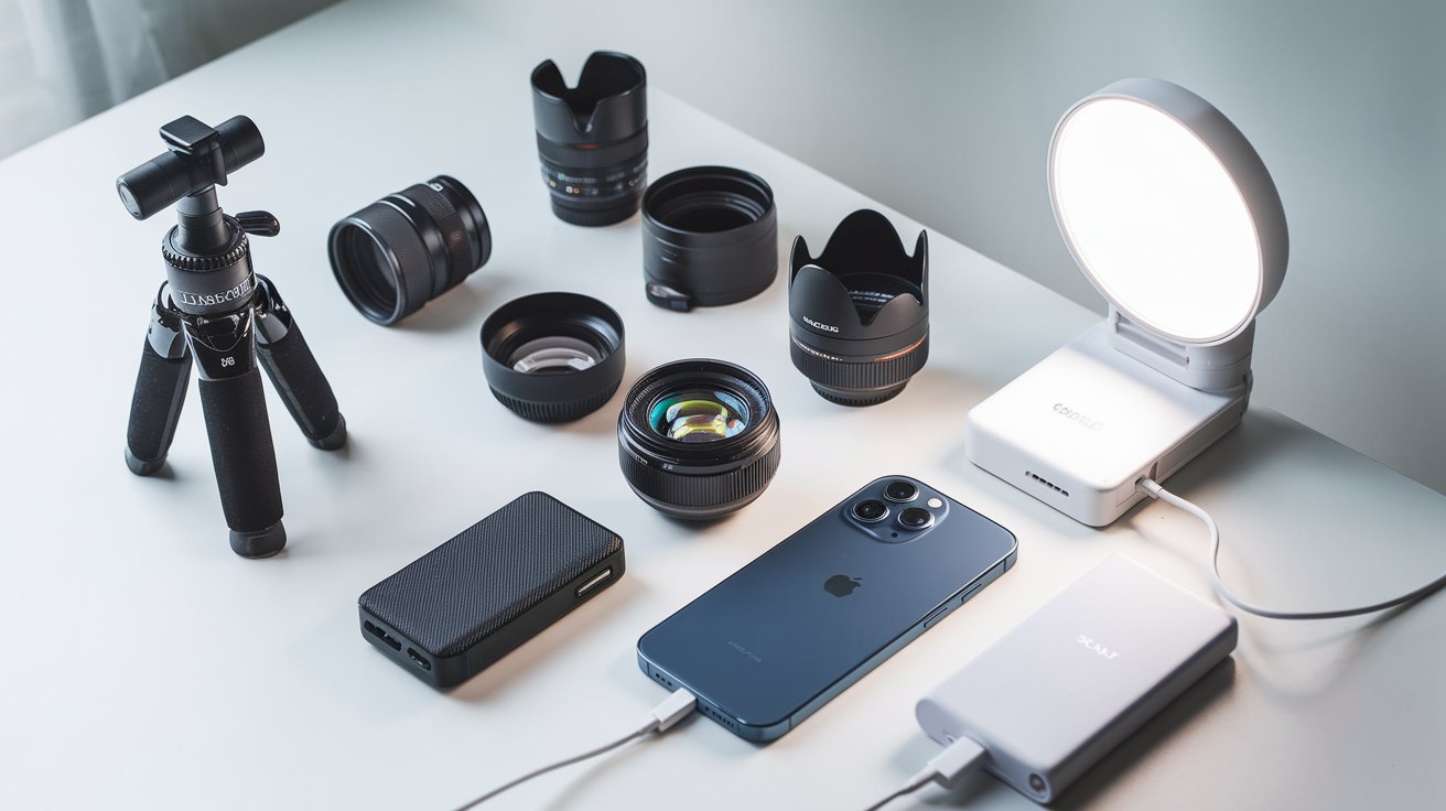 A flat lay of essential smartphone photography accessories, including a tripod, clip-on lenses, and a portable light