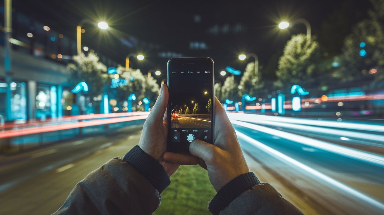 A night photo of a city street illuminated by neon lights, captured with a smartphone using steady hands and night mode.