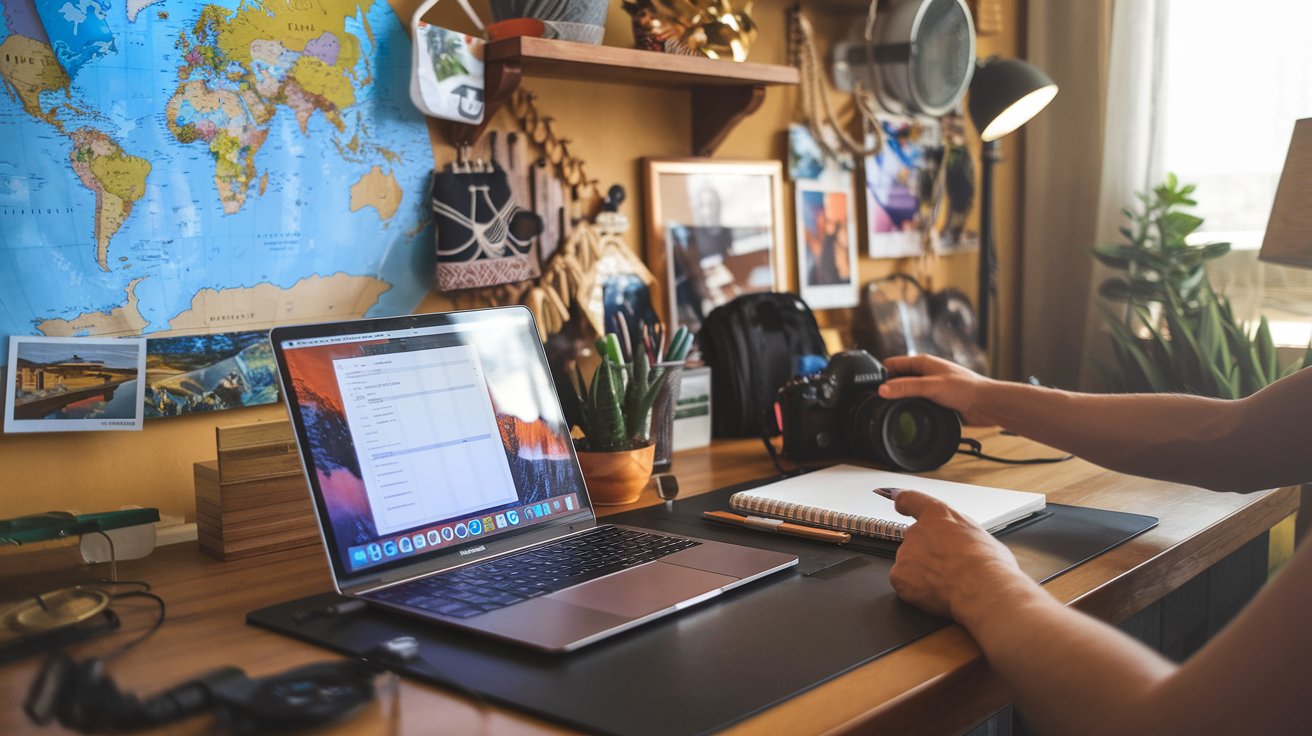 A travel photographer editing photos and writing a blog post on a laptop, with scenic travel images and notes spread across a desk.