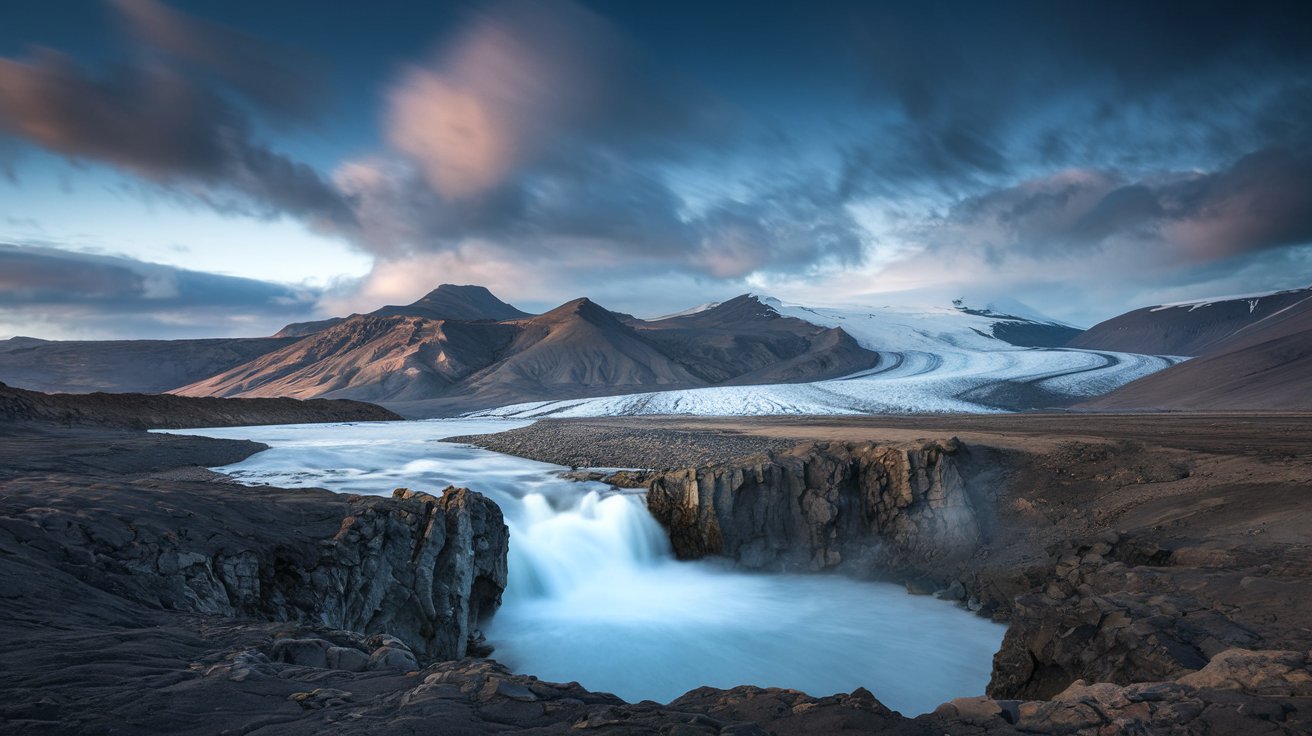 An adventurer hiking across a glacier in Iceland, surrounded by ice formations and rugged volcanic landscapes