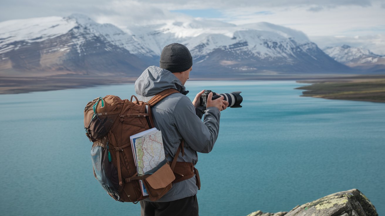 A freelance travel photographer capturing a vibrant market scene, with a camera in hand and a laptop nearby for editing