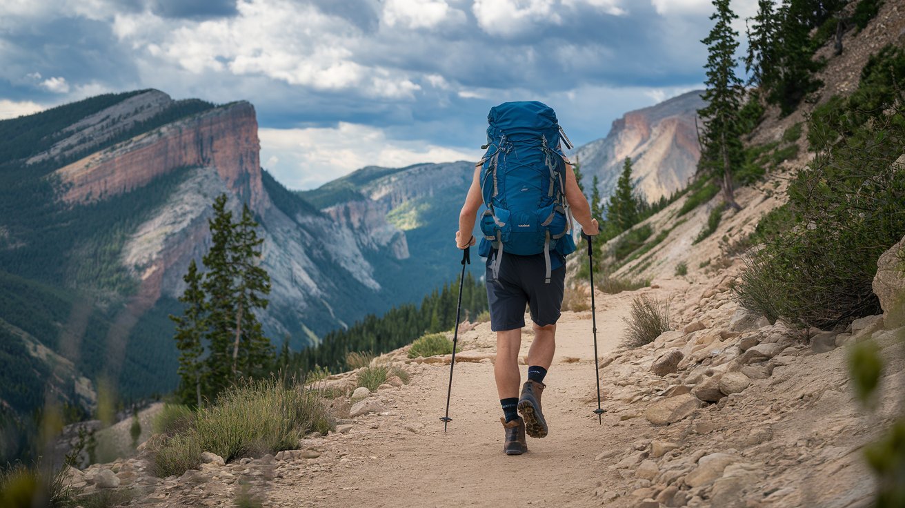 A hiker walking along a forest trail, surrounded by lush greenery and dappled sunlight, embracing the benefits of nature.