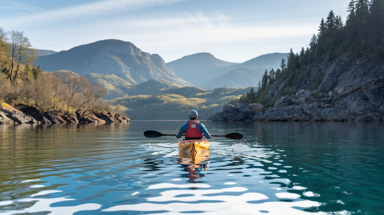 A kayaker paddling through calm waters surrounded by lush greenery, reflecting the serenity and adventure of water-based activities.