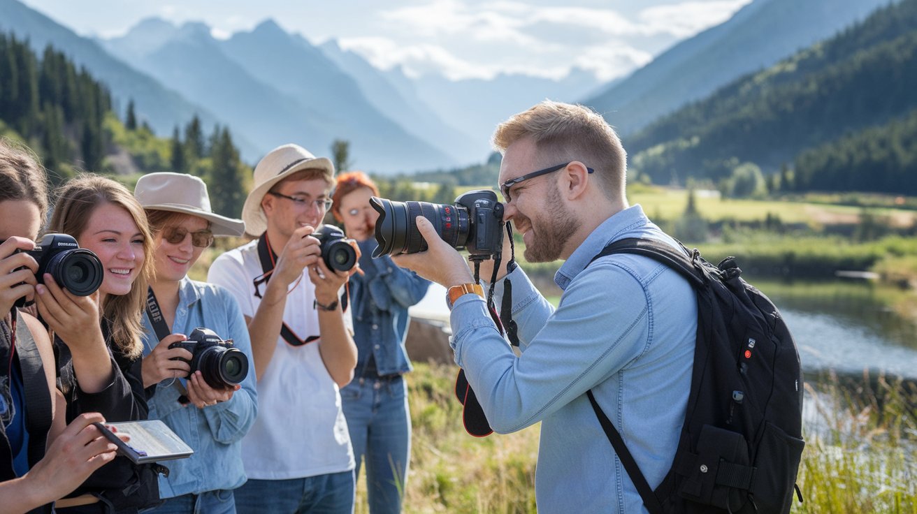 An experienced photographer guiding a group of students at a scenic location, demonstrating techniques with cameras in hand.