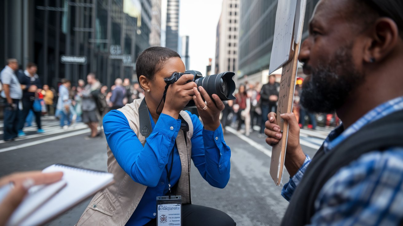 A travel photojournalist capturing a poignant moment in a remote village, with a camera in hand and a notebook for story details