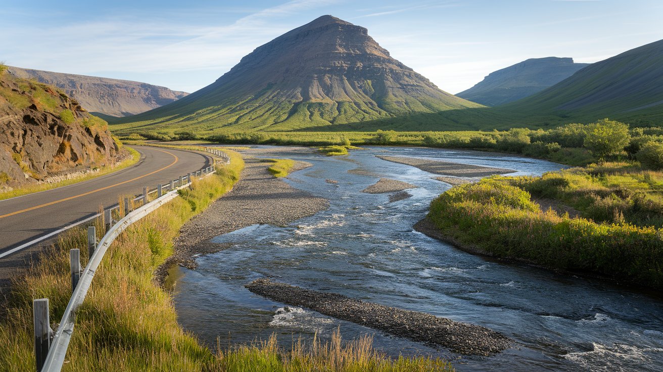 A travel photo with a winding road leading toward a distant mountain, demonstrating the use of leading lines to guide the viewer’s eye.