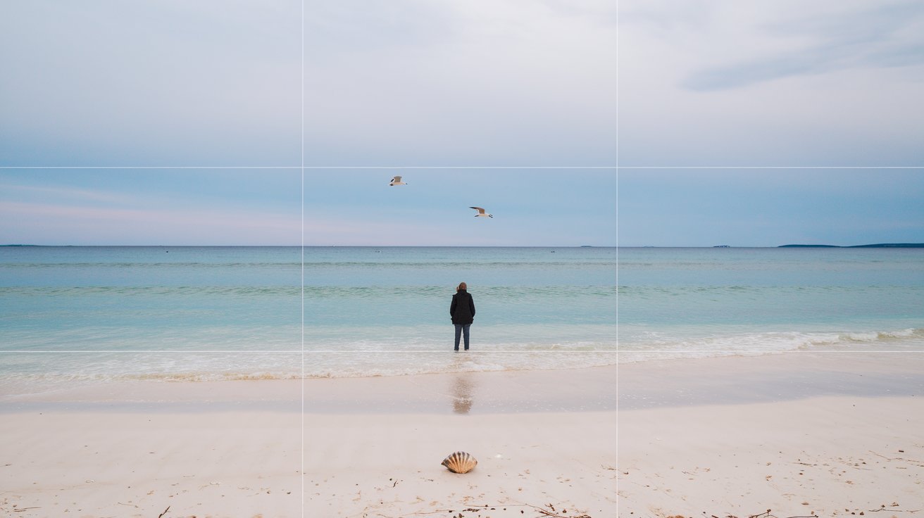 A travel photo showcasing the rule of thirds, with a lone traveler positioned at an intersection point in a 3x3 grid overlay on a scenic landscape