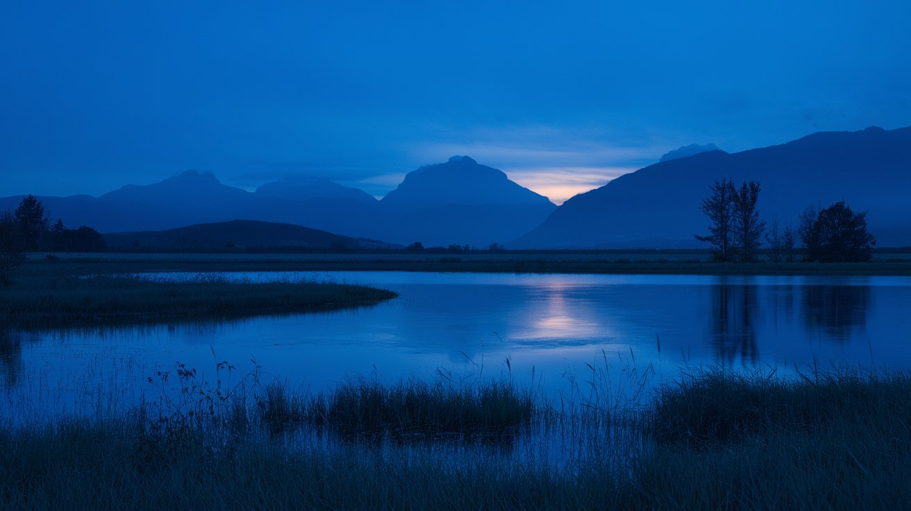 A cityscape photo captured during blue hour, with glowing lights reflecting off a calm river under a cool, blueish sky.