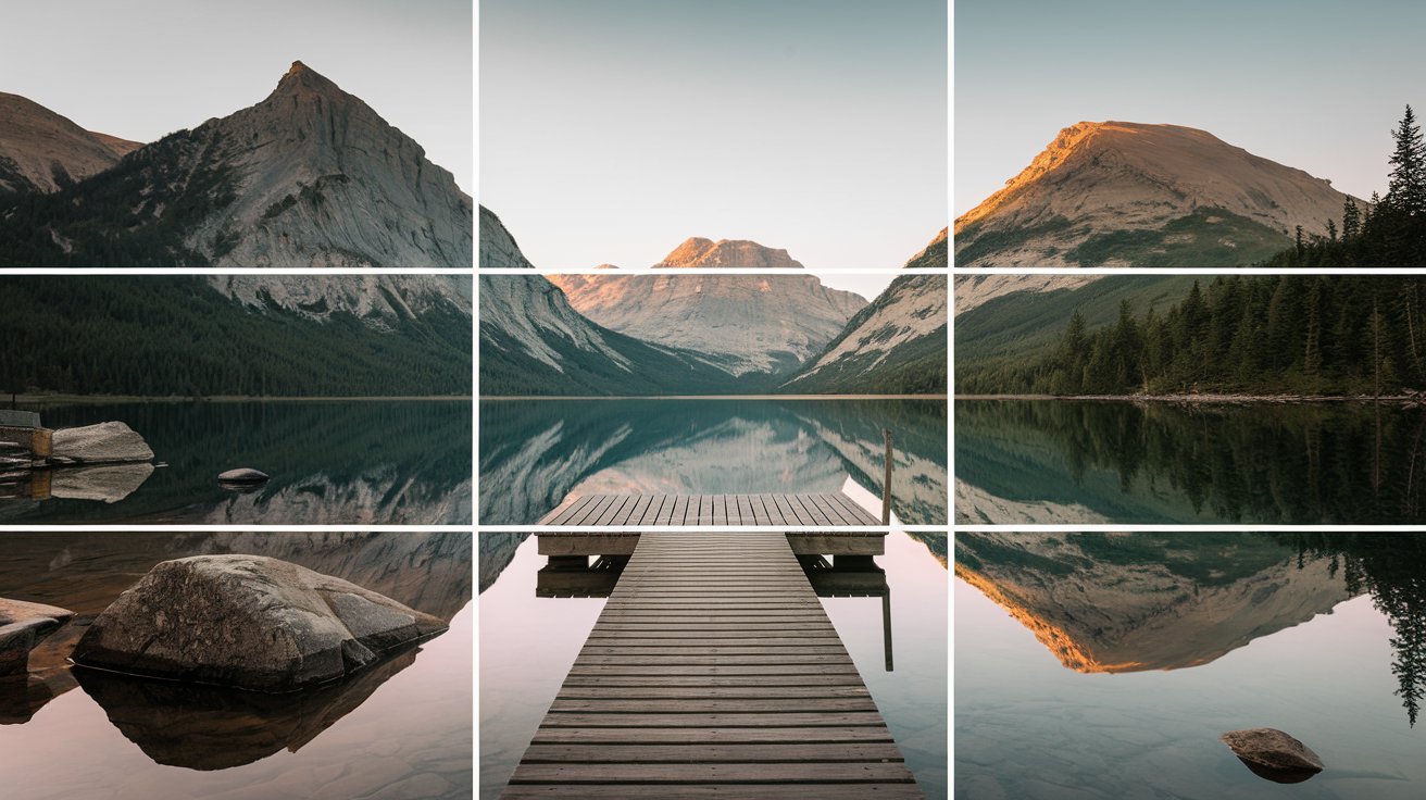 A smartphone photo showcasing a symmetrical reflection of mountains on a calm lake, emphasizing balanced composition techniques.