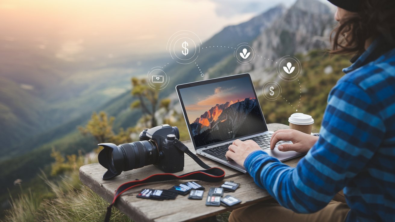 A travel photographer uploading high-quality images to a stock photography website on a laptop, surrounded by scenic prints and gear.

