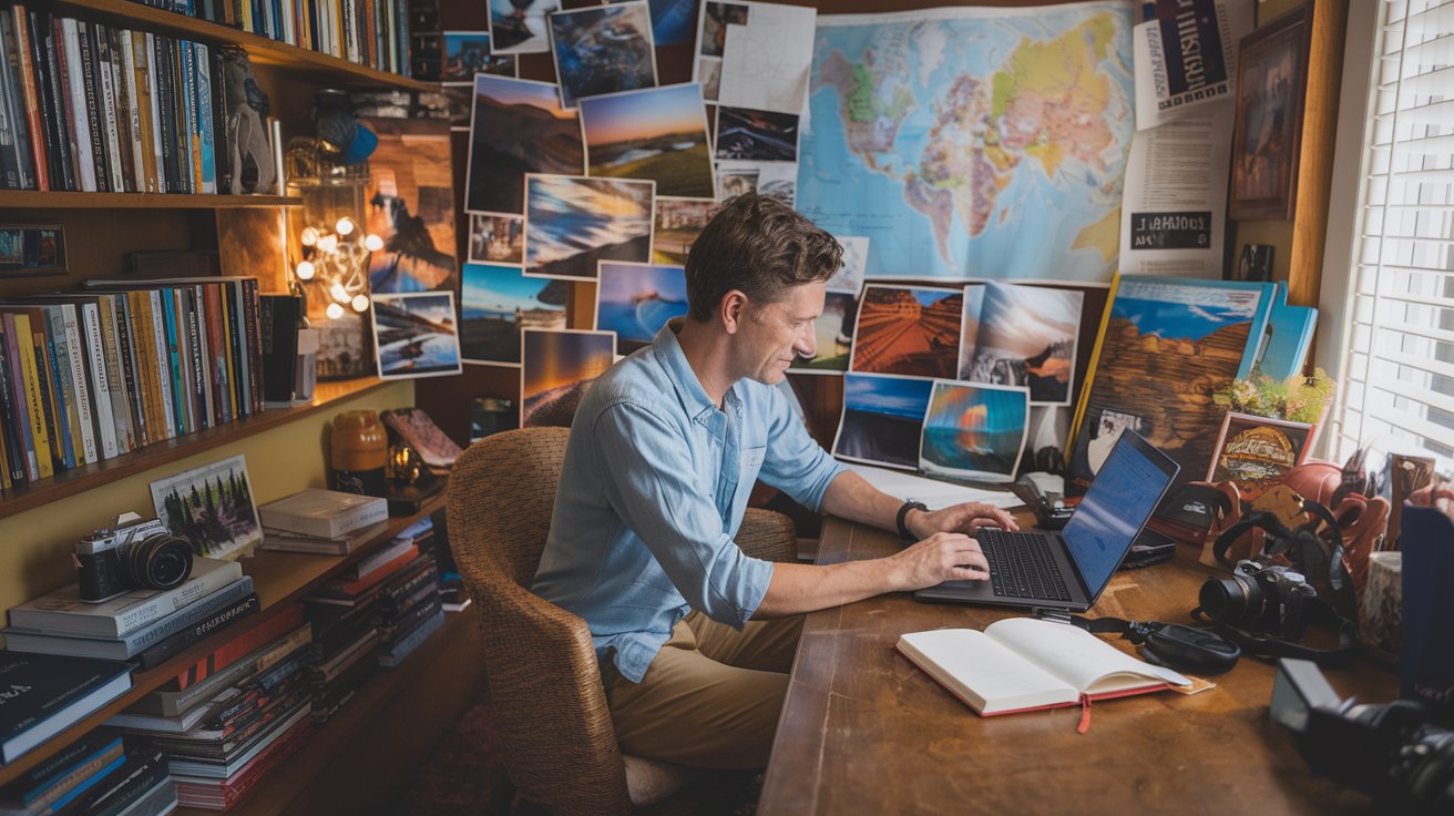 A travel photographer flipping through a published coffee table book of their work, with vibrant travel images displayed across the pages.