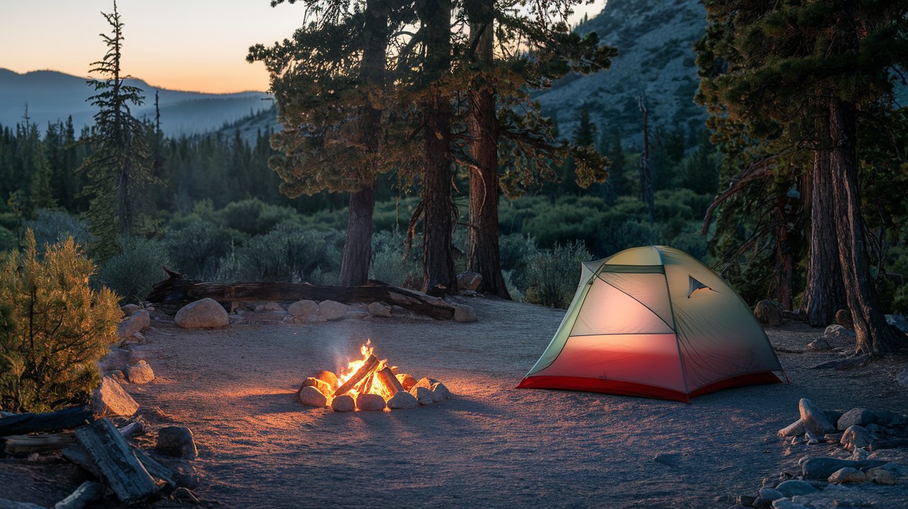 A camper sitting by a tent under a starry sky, with a campfire glowing in the wilderness, embracing the simplicity of nature.