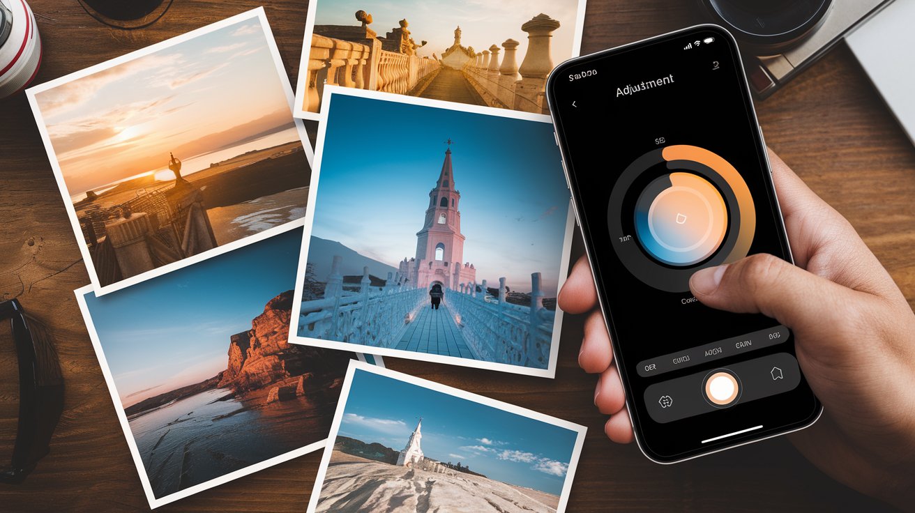 A traveler adjusting smartphone settings to capture a perfectly lit sunset over a scenic landscape.

