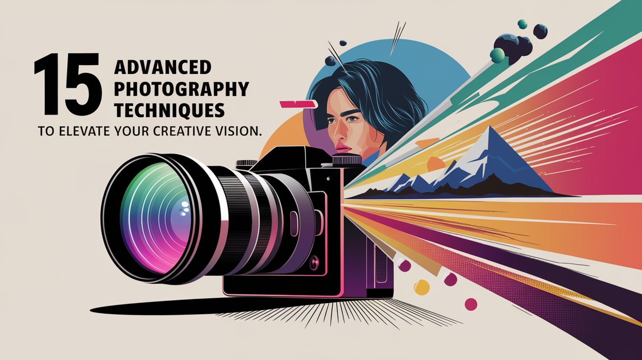 Digital illustration for '15 Advanced Photography Techniques to Elevate Your Creative Vision,' featuring a dynamic collage of a professional camera with light trails, dramatic landscapes, portrait photography setup, bokeh effects, and long exposure trails, with bold modern typography