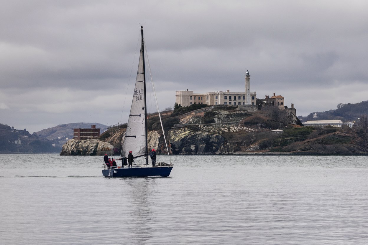 A view of Alcatraz Island surrounded by the shimmering waters of San Francisco Bay, with the historic prison building prominently displayed.