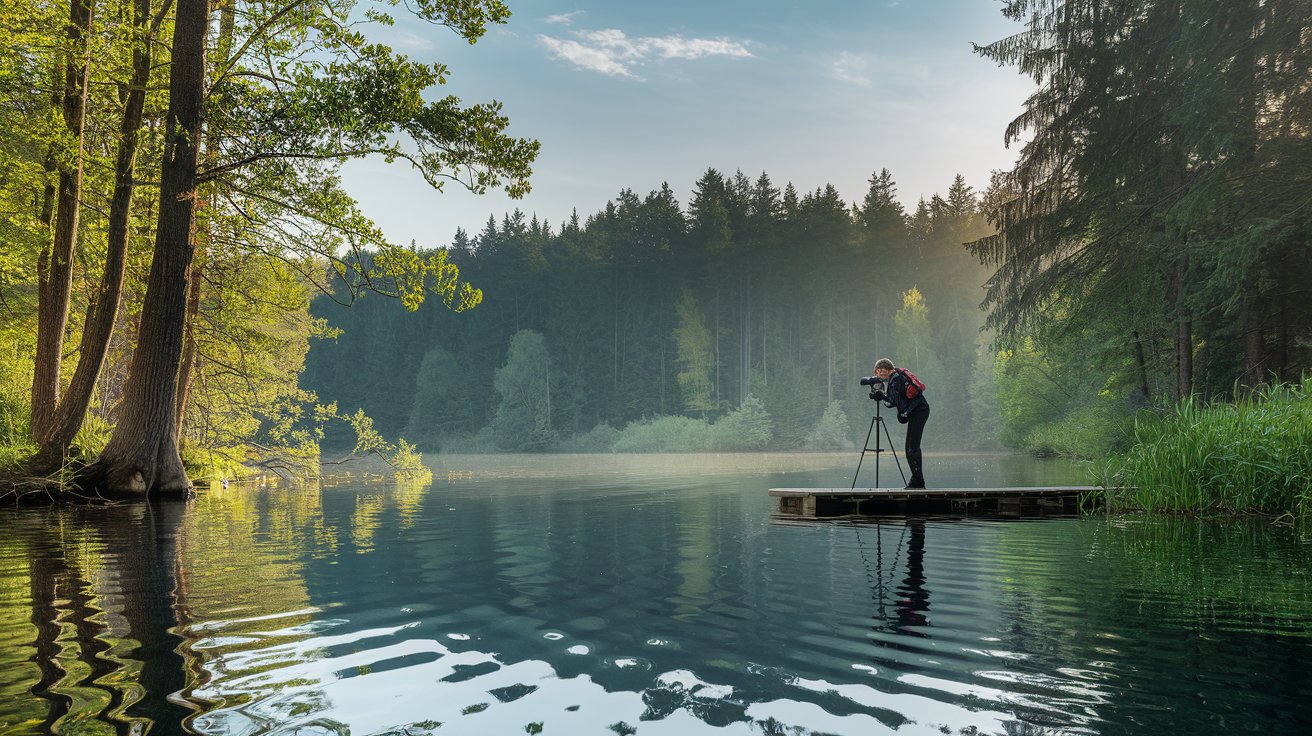 An environmental photographer capturing a threatened wetland ecosystem, with a camera focused on wildlife in its natural habitat.