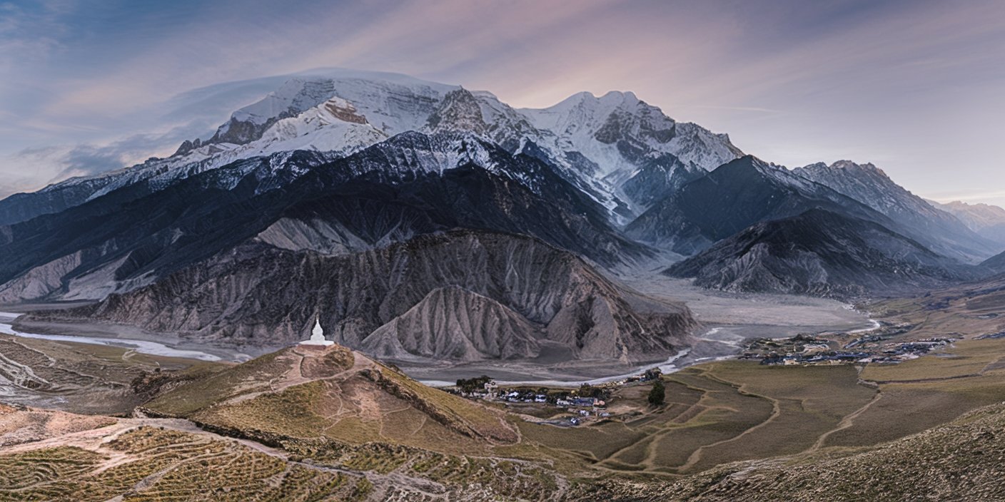 breathtaking panoramic view along the annapurna circuit in nepal, featuring snow-capped peaks, a winding river, terraced fields, a white stupa, small settlements, and a golden glow at dawn or dusk